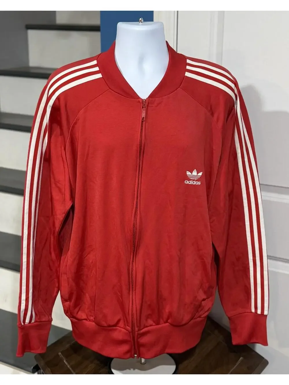 Men's Adidas Red Track Jacket with White Stripes Full Zip Size Extra Large (XL)
